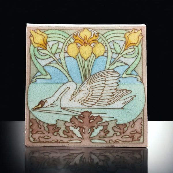 RARE Antique Gilardoni & Freres 'Swan on the Lake' Art Nouveau Tile | Carreau 1900 Jugendstil Fliese