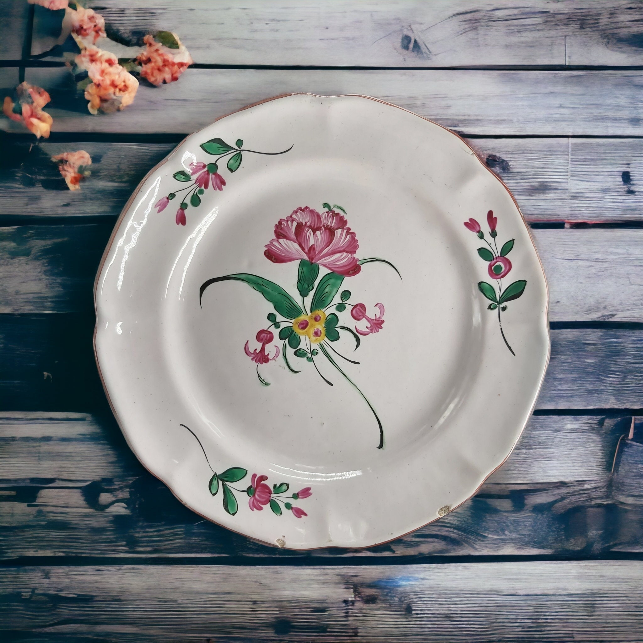 French 19th Century Antique Hand Painted Lunéville or Strasbourg Earthenware Plate / Old collectible plate France / French / Wild Flowers