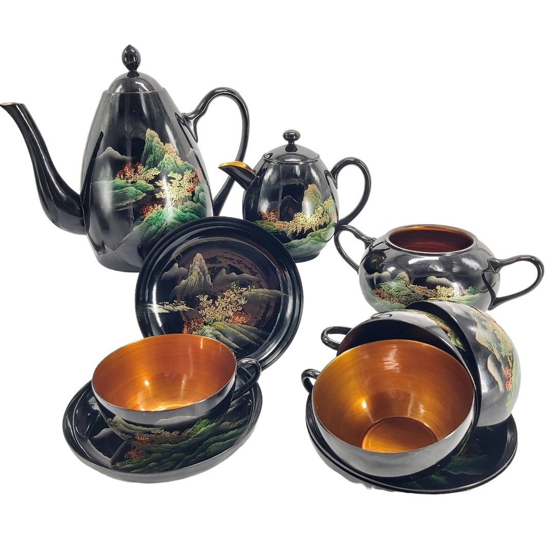Beautiful Vintage Asian Tea Set Black Lacquered Gold Etsy