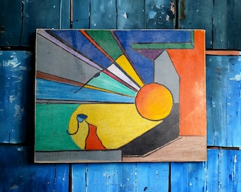 Oeuvres d'art originales de l'artiste surréaliste Marcel LETASSEY datant de 1956 | « La lumière du soleil minière » | Surréalisme français | Peinture Sur Panneau De Bois Clair