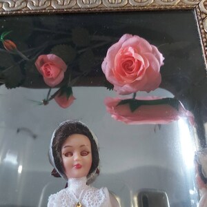 Vintage Shadow Box, Diorama, French Doll in Black Box Frame, Blue eyes, framed Doll, Nun Doll, Black and Gold frame, pink flowers image 6