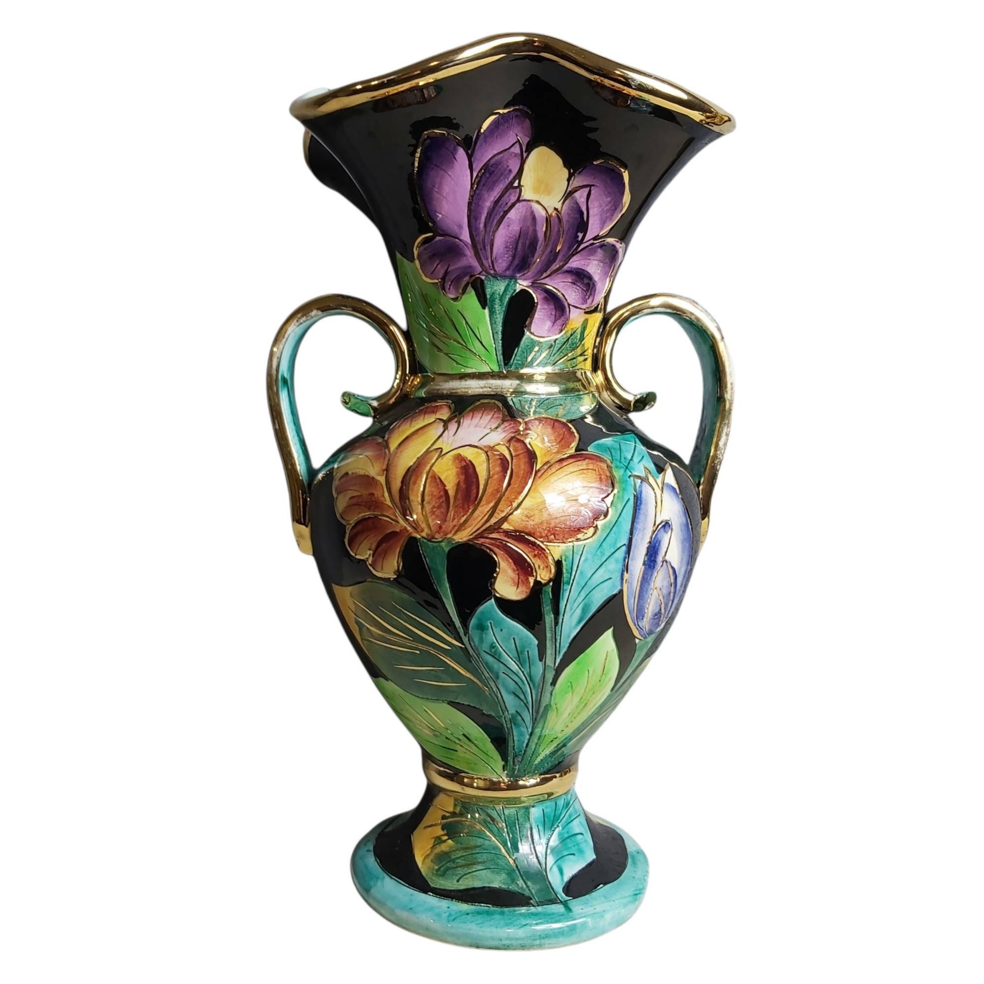 1950S Genuine Français Valluris Statement Vase Sculpté, Double Manche, Poignées Dorées, Urne, Fleurs