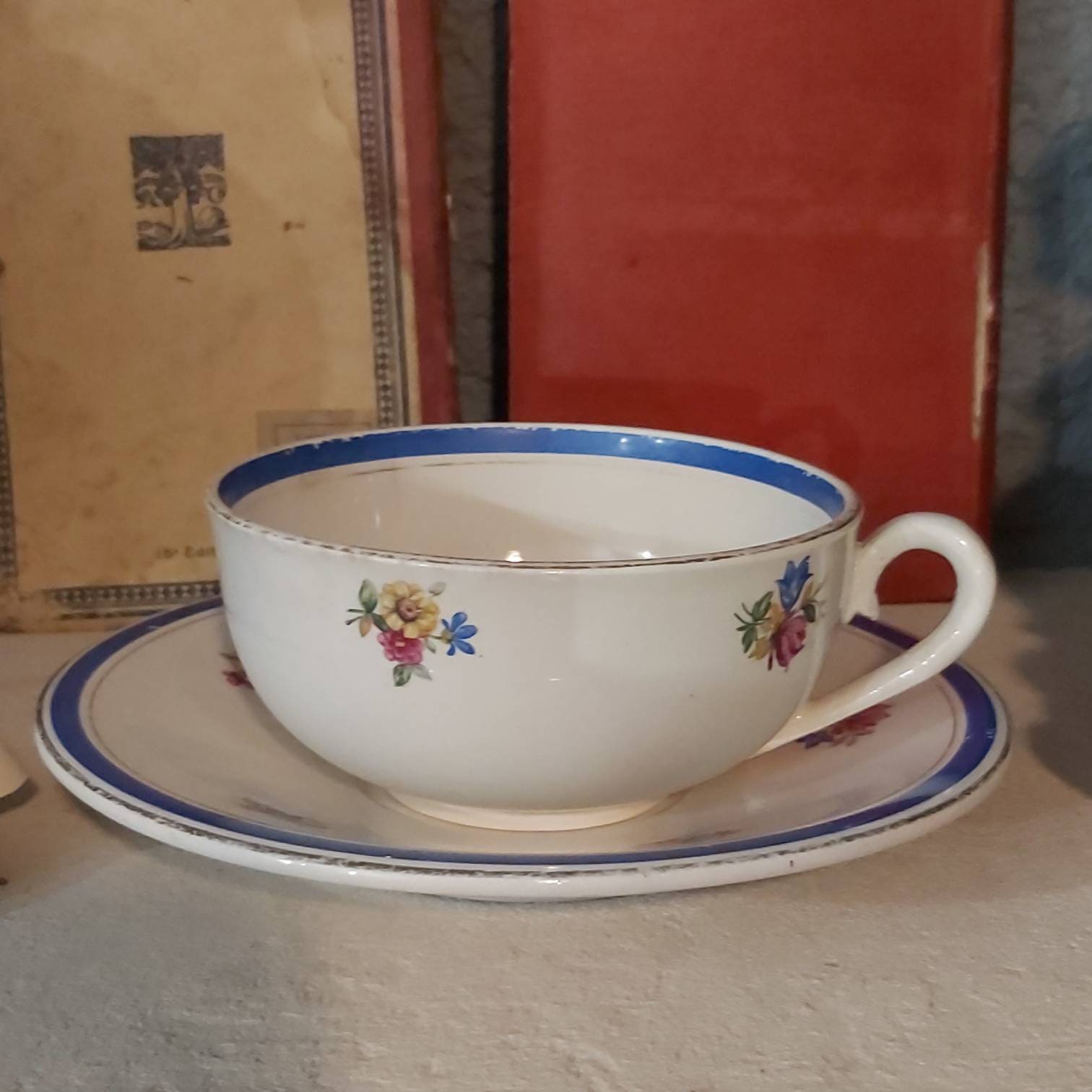 Antique Digoin Sarreguemines Dolly' Faïenceries Français Café en Céramique, Tasse à Thé et Soucoupe,