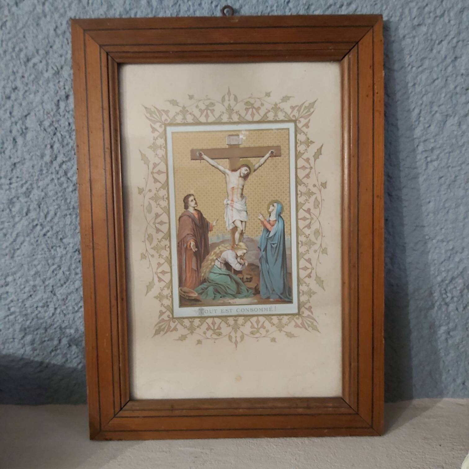 Gravure Religieuse Encadrée Français Antique, Souvenir Bouasse Jeune, Paris - Christ en Croix, Vers