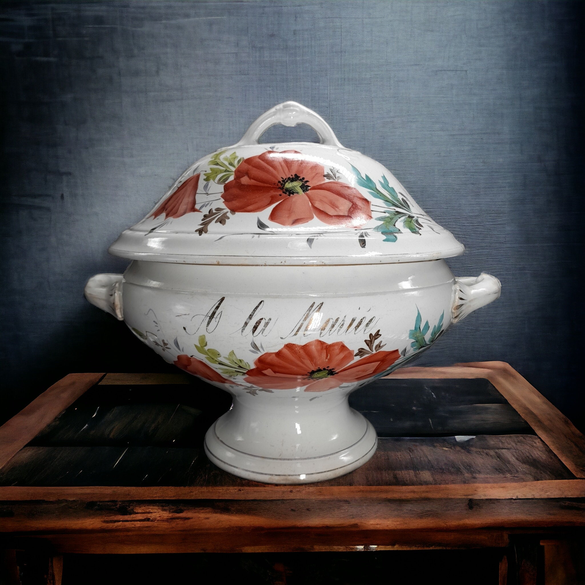 soupière ou soupe de mariage antique en porcelaine france | souvenir mes cadeaux coquelicot rouge