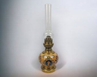 Antique French Gien Style Ceramic, Brass and Crystal Petrol/Oil hurricane lamp,  long glass crystal tube, antique French oil lamp