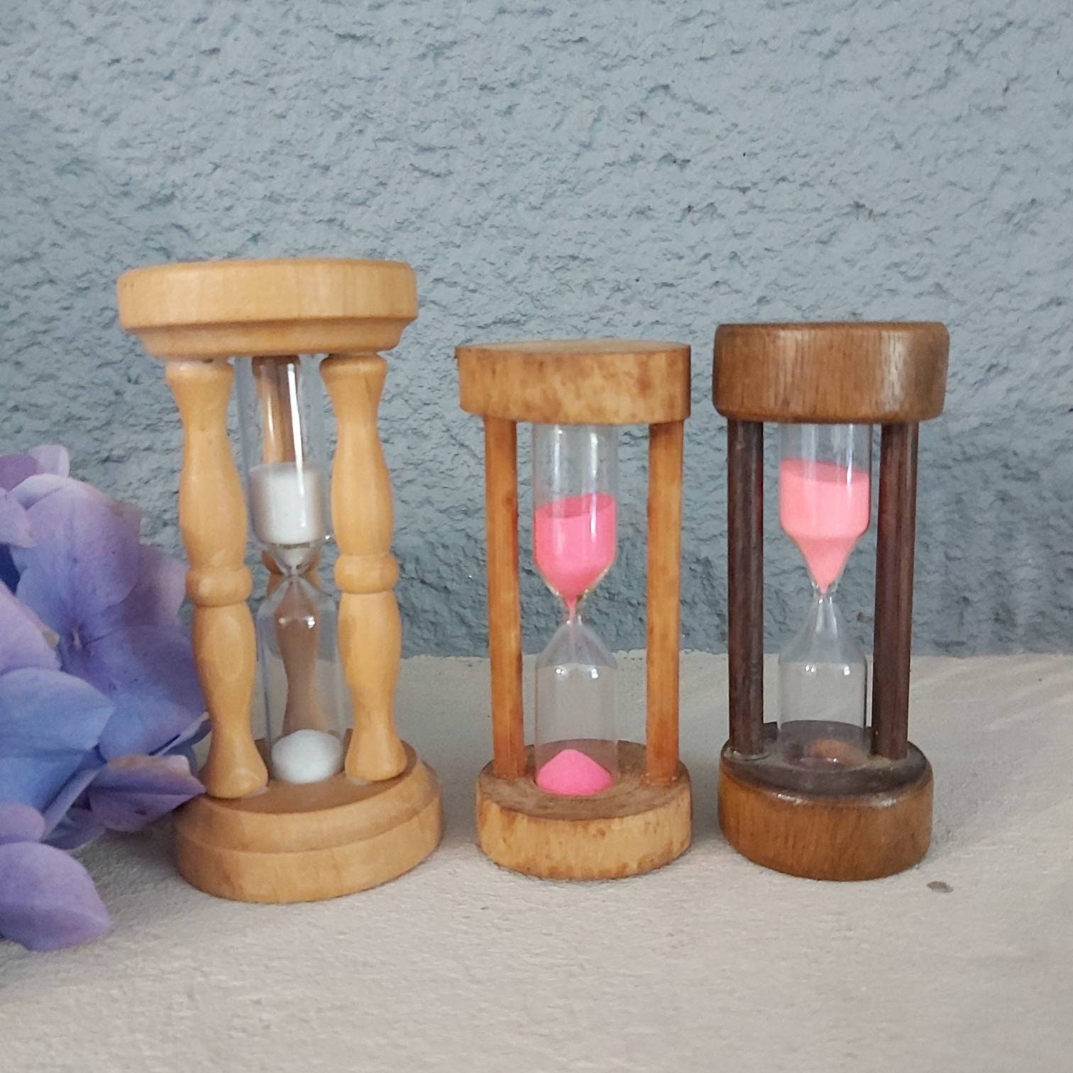 Ensemble de 3 Millésime, Français, Bois, Rustique, Sablier, Sable Blanc et Rose, Minuterie d'oeufs, 
