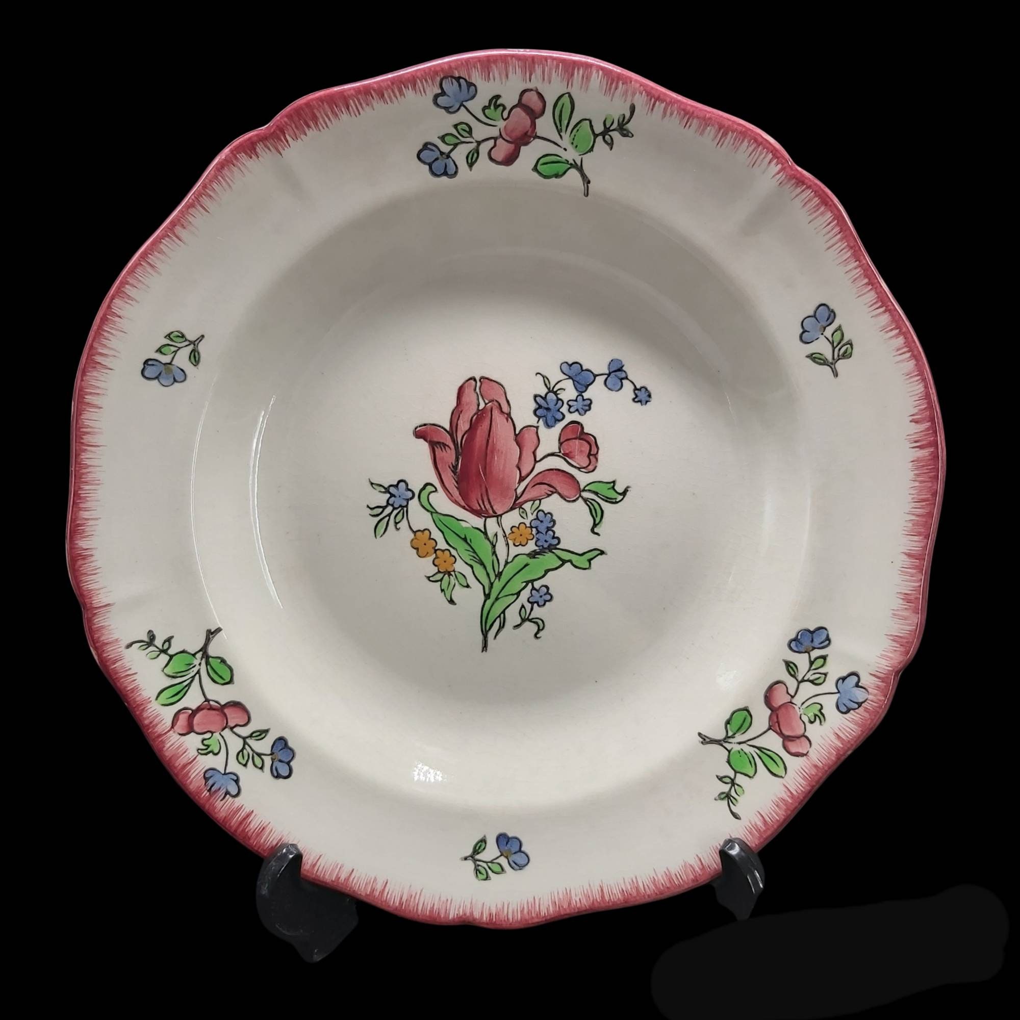 Beau Vintage, Sensation Florale Printanière, Assiette/Bol Français Gien - Modèle Lorraine, Peinte à 