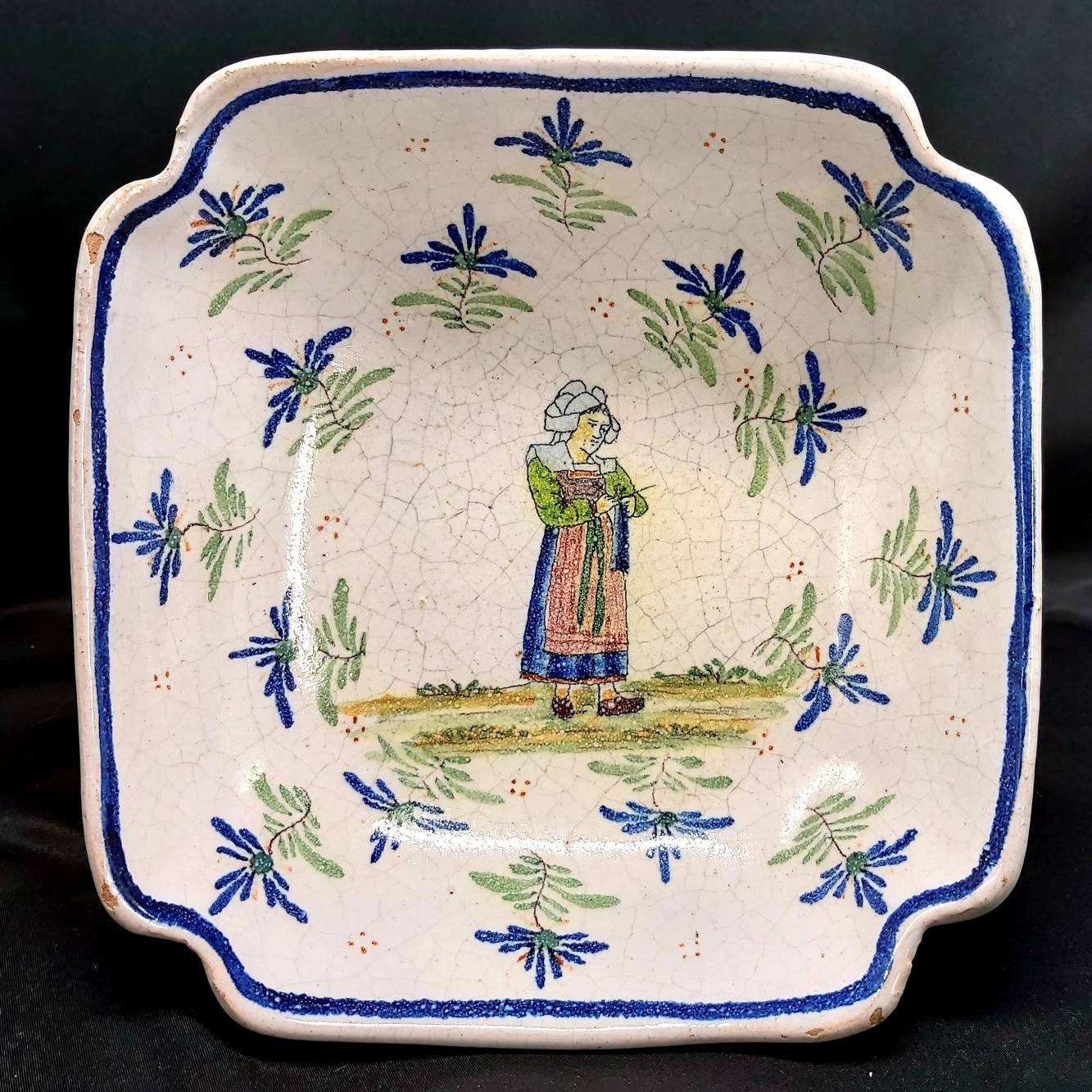Belle Français Antique Peinte à La Main 18Ème/19Ème Siècle Plat Bol Assiette en Faïence Malicorn. Si