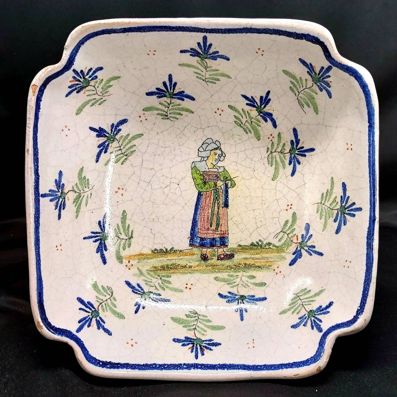 Belle Français Antique Peinte à La Main 18Ème/19Ème Siècle Plat Bol Assiette en Faïence Malicorn. Si