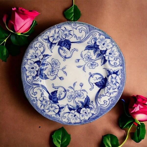Antiker Französischer Creil Montereau Beilagenteller | Kuchenteller | Flora Kollektion | Blauer Fluss Blumentransfer