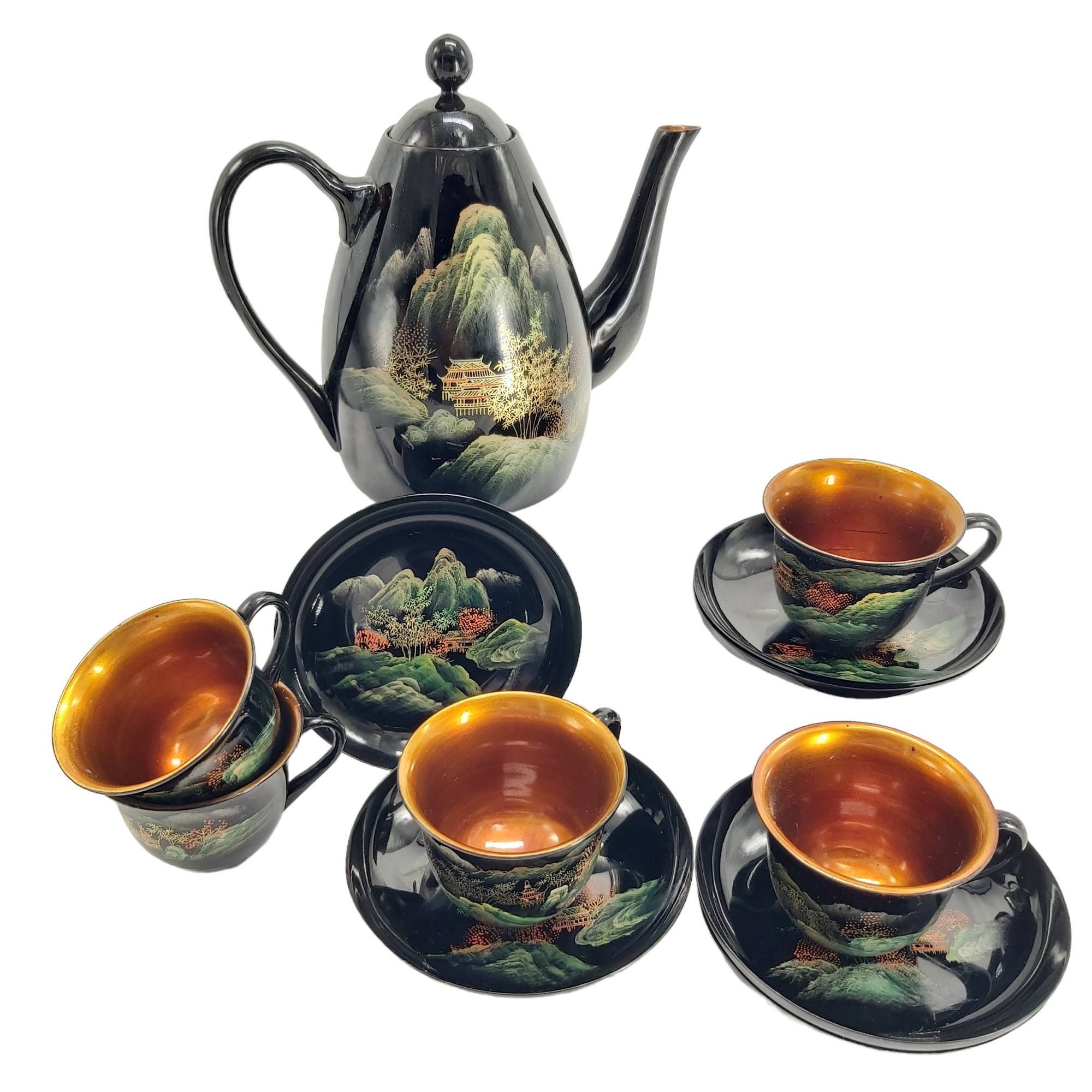 Beautiful Vintage Asian Tea Set - Black Lacquered, Gold Decorated,  Hand Painted, Outdoor Scene - 12 pieces