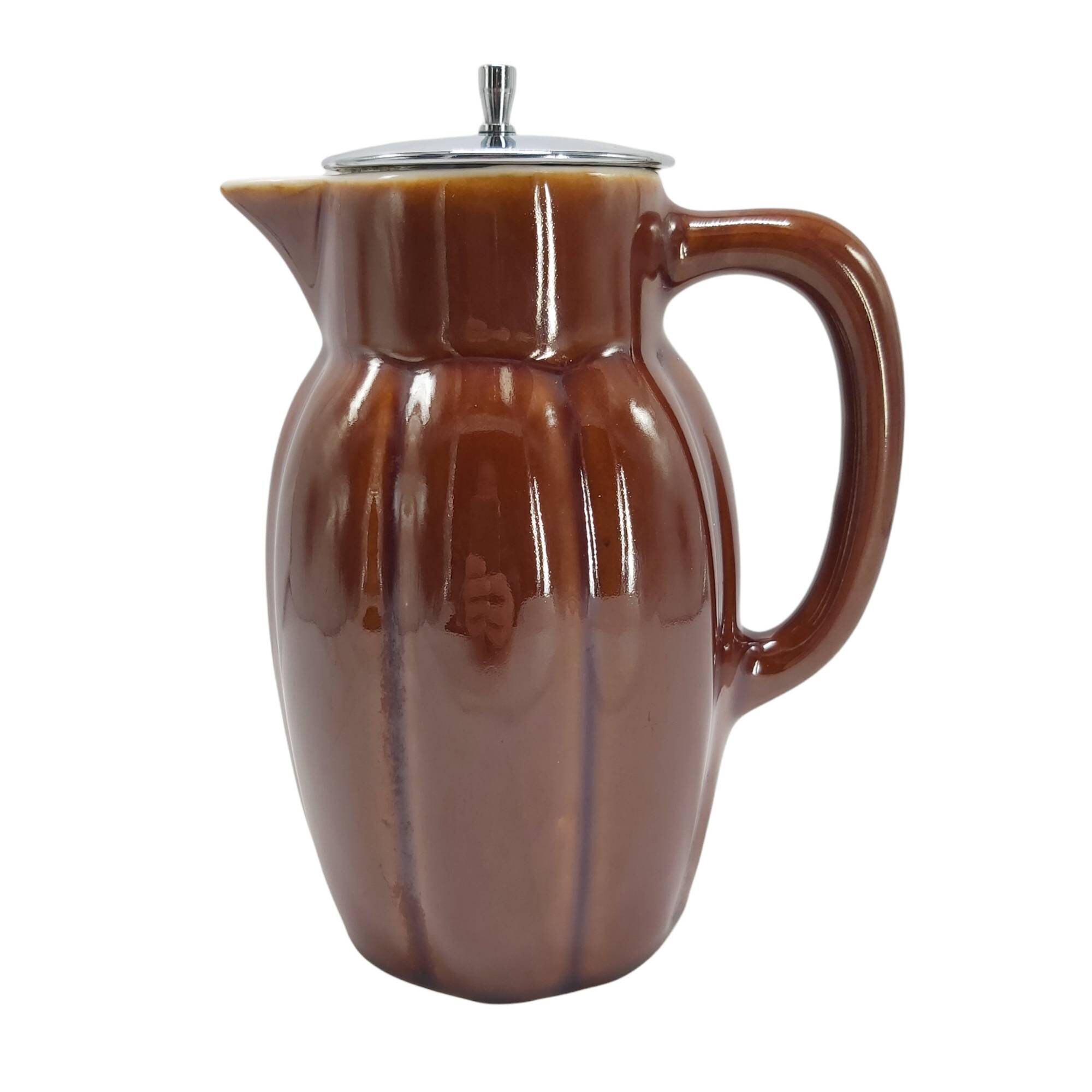 Vintage Années 1950 Français Cafetière/Théière en Grès, Céramique Brune avec Couvercle Argent, Cafet