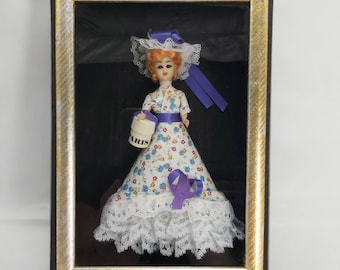 Vintage French Doll Shadow Box Frame, Blue eyes, framed Doll, Parisian Fashion Doll, unusual doll in a frame, Black and Gold frame, hat box