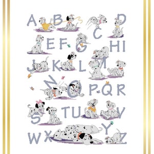 Può includere: Un grafico dell'alfabeto con cuccioli dalmata in varie pose, ogni lettera è abbinata a un cucciolo. I cuccioli sono neri e bianchi con macchie e sono raffigurati su uno sfondo bianco.