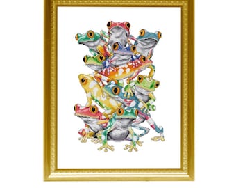 May include: A framed cross-stitch design featuring a stack of colorful frogs. The frogs are arranged in a pyramid shape, with the largest frog at the top and the smallest frog at the bottom. The frogs are all different colors, including green, blue, red, yellow, and orange.