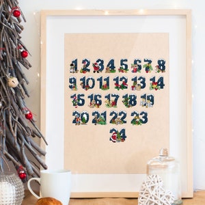 May include: A framed printable Christmas advent calendar with numbers 1 through 24. Each number is decorated with a different festive illustration, including a snowman, Santa Claus, and a reindeer.
