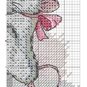 May include: Cross stitch pattern featuring a floral design with pink, gray, and white flowers. The pattern includes the text "T" and "VT".