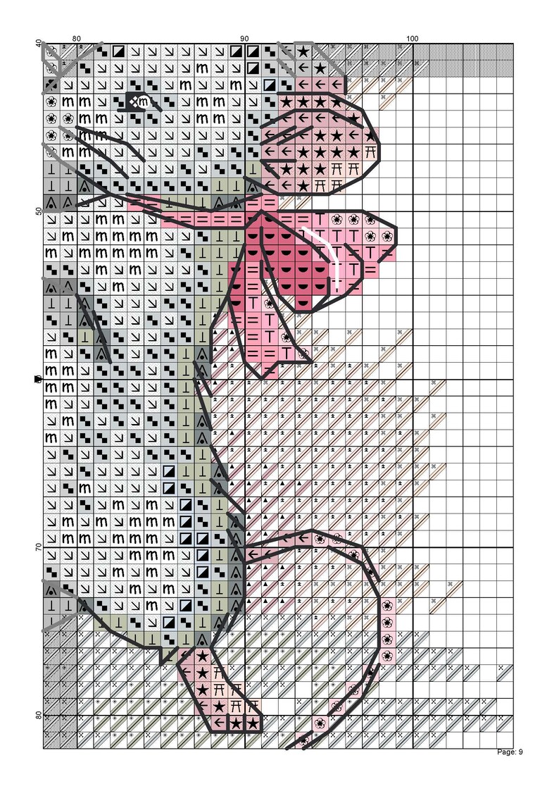 May include: Cross stitch pattern featuring a floral design with pink, gray, and white flowers. The pattern includes the text "T" and "VT".