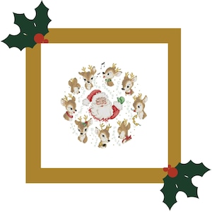 Puede incluir: Una ilustración de estilo vintage de Santa Claus rodeado de un círculo de renos cantando villancicos navideños. Los renos llevan todos atuendos festivos y tienen nombres escritos encima. La ilustración está enmarcada en un marco dorado con acentos de acebo.