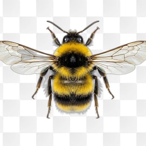 Op de afbeelding: Een gedetailleerde afbeelding van een hommel, met zijn geel en zwart gestreepte lichaam en transparante vleugels. De foto, van bovenaf genomen, toont de details van het insect tegen een witte, geblokte achtergrond.