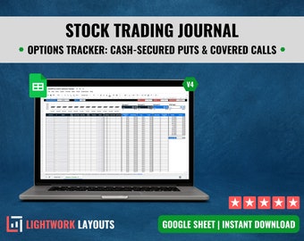 May include: A laptop computer displaying a Google Sheet spreadsheet titled "SAMPLE 2023 Options Tracker". The spreadsheet is a stock trading journal for tracking cash-secured puts and covered calls. The title of the image is "STOCK TRADING JOURNAL" with the subtitle "OPTIONS TRACKER: CASH-SECURED PUTS & COVERED CALLS". The image also includes the text "V4", "LIGHTWORK LAYOUTS", and "GOOGLE SHEET | INSTANT DOWNLOAD".