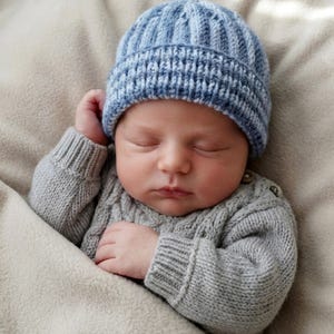 Könnte beinhalten: Ein schlafendes Baby mit einer hellblauen Strickmütze und einem grauen Strickpullover. Das Baby liegt auf einer weichen, beigefarbenen Decke. Mütze und Pullover scheinen handgefertigt zu sein.