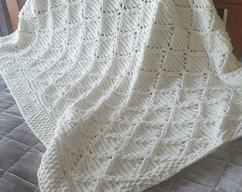 Soft Fleecy, Chunky Diamond Lace Hand Knitted Baby Blanket