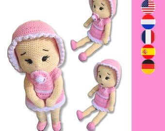May include: Three handmade crochet dolls with light beige skin, wearing pink dresses with white trim and matching pink bonnets with white scalloped edges. Each doll features embroidered facial details and a small pink pacifier in the mouth.