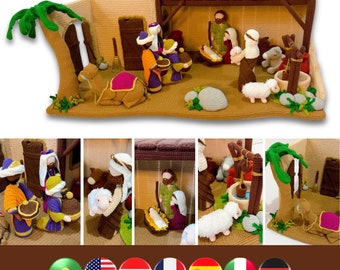 Peut inclure: Une grande crèche de Noël en crochet détaillée comprenant une étable beige avec un toit marron, un palmier vert et diverses figurines dont un chameau, des moutons et des personnages en laine colorée. L'ensemble inclut un puits et des accessoires.