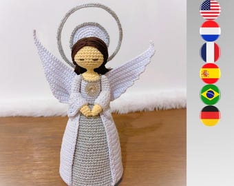 May include: A crocheted angel figurine with brown hair, a silver halo, and white wings. The angel wears a white and silver gown with a small circular embellishment on the chest. To the right, a vertical column of six circular national flag icons.