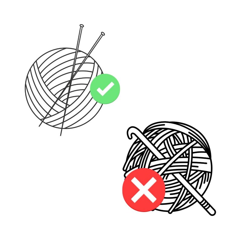 May include: A black and white illustration of two balls of yarn with needles. One ball of yarn has a green checkmark next to it, and the other has a red X next to it.