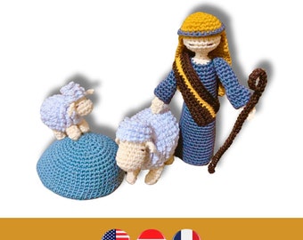 Modèle au crochet Nativity Shepherd with Sheep - Herder met schapen haakpatroon - Modèle de crochet du berger avec ses moutons