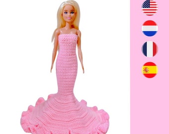 Barbie trägerloses Kleid 1 Häkelanleitung - Barbie jurk 1 haakpatroon - Modèle de Robe de Barbie - Vestido patrón de ganchillo