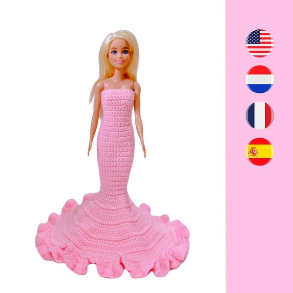 Barbie trägerloses Kleid 1 Häkelanleitung - Barbie jurk 1 haakpatroon - Modèle de Robe de Barbie - Vestido patrón de ganchillo