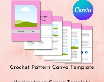 May include: Crochet pattern Canva template with a pink background and a green and blue landscape illustration. The text "Pattern Title" is at the top of the page. The template includes sections for abbreviations, instructions, and a picture.