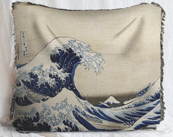 Woven Art Blanket Tapestry | The Great Wave Off Kanagawa - Hokusai Cozy Cotton Throw | Classic Art Aesthetic | Living Room Decor | Artist