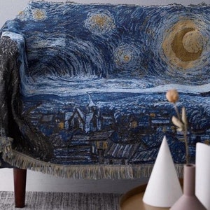 Van Gogh Woven Blanket |  Starry Night Cozy Cotton Sofa Throw | Made In Usa | Housewarming Gift | Classic Art Aesthetic Living Room/Bedroom