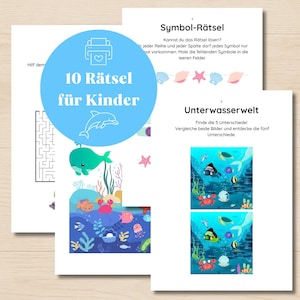 May include: A set of printable activity sheets for children featuring underwater-themed puzzles, including a maze, a symbol logic game, and a spot-the-difference challenge with illustrations of sea creatures like whales, crabs, and fish.