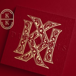 May include: Gold monogram initial "KK" with ornate flourishes on a red background. The monogram is in a vintage style.