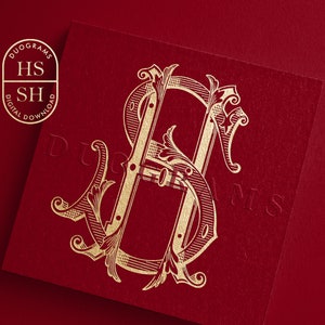 Könnte beinhalten: Goldenes Monogramm mit den Buchstaben "HS", die in einem dekorativen, verzierten Stil miteinander verschlungen sind. Die Buchstaben sind vor einem roten Hintergrund platziert.