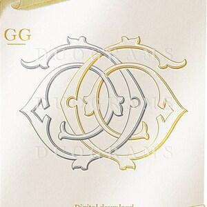 Puede incluir: Un monograma dorado y plateado con las letras GG sobre un fondo blanco. Las letras están entrelazadas y tienen un adorno decorativo. La imagen es una descarga digital de la empresa DUOGRAMS.