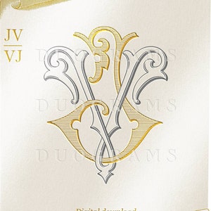 Könnte beinhalten: Ein goldenes und silbernes Monogramm mit den Buchstaben JV und VJ, die ineinander verschlungen sind. Das Monogramm befindet sich auf einem weißen Hintergrund mit einem goldenen Schriftrollenmuster. Der Text "Digitaler Download DUOGRAMS" befindet sich am unteren Rand des Bildes.