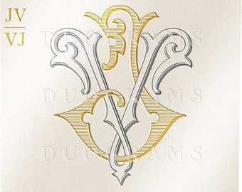 May include: A gold and silver monogram with the letters JV and VJ intertwined. The monogram is on a white background with a gold scroll design. The text "Digital download DUOGRAMS" is at the bottom of the image.