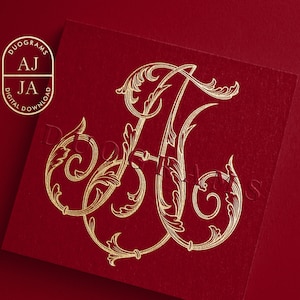 May include: Gold monogram with the letters "AJ" intertwined in a decorative, ornate, and stylized font. The letters are on a red background.