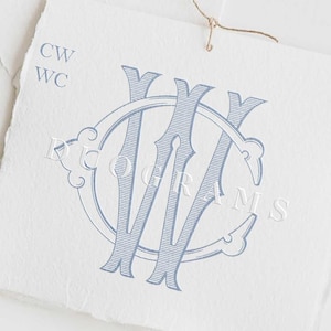 May include: A blue and white monogram design with the letters "CW" in a decorative font. The monogram is surrounded by a circle with a decorative border. The text "DUOGRAMS" is printed below the monogram.