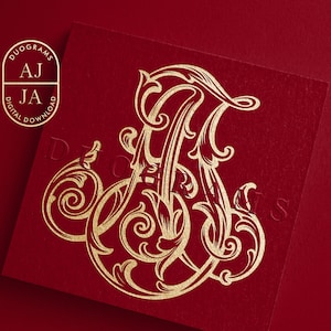 May include: A gold monogram with the letters "AJ" intertwined in a decorative, ornate, and stylized font. The letters are on a red background.