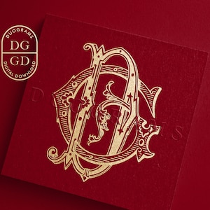 May include: A gold monogram with the letters "DG" intertwined in a decorative, ornate style. The monogram is set against a red background.