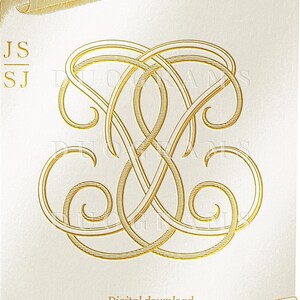 Könnte beinhalten: Ein goldenes Monogramm-Design mit den Buchstaben "JS" über "SJ" auf weißem Hintergrund. Das Design ist in einer Schriftrollenform mit einem goldenen Rand. Der Text "Digitaler Download DUOGRAMME" befindet sich am unteren Rand des Bildes.