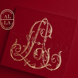 Könnte beinhalten: Goldenes Monogramm der Buchstaben "LA" in einer dekorativen, verzierten und stilisierten Schriftart. Die Buchstaben sind von komplizierten floralen Designs umgeben. Der Hintergrund ist tiefrot.